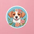Dog Portrait Sticker With Flowers, Isolated On Pink Background, Ai Illustration