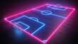 The image shows a 3D render of a neon football field scheme, a football playground, a virtual sportive game with an outline of a pink blue glowing line.
