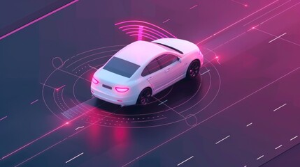 Leinwandbilder - The autonomous smart car goes on the road, observes the distance, and automatically brakes when it detects an obstacle in its path.