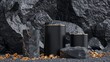 The scene features black cobblestone ruins, broken rocks, and gold nuggets. An empty cylinder podium is used to display products.