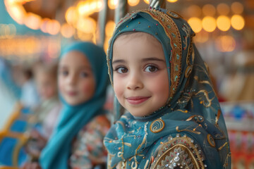 elegant muslims child traditional attire at a festive gathering in vibrant atmosphere