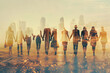 teamwork, double exposure transparent silhouette team task force walking business people men women hands together and modern city background, unity, diversity