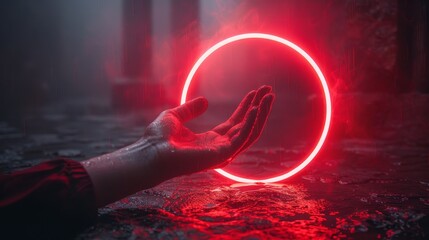 Poster - Abstract circular light hanging over palm of scientist over futuristic round red neon frame. Template banner for technological presentation with logo placement. Future science background.