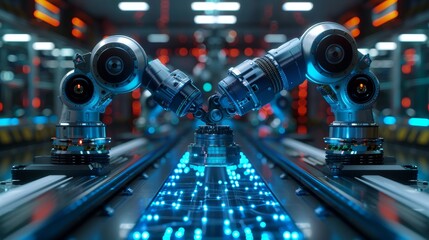Poster - In industrial 4.0, a neural network is created by robotic arms located on a podium in virtual reality. A futuristic concept of industry technology.