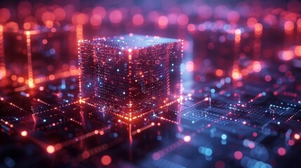 Leinwandbilder - Digital cubes connected to the blockchain network. Data blocks in cyberspace. Blockchain network abstract illustration.