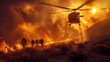 Rescue Operation: Against the backdrop of a raging wildfire, a team of firefighters and emergency medical responders work tirelessly to evacuate injured individuals to safety. Heli