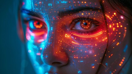 Wall Mural - Artificial intelligence. Cyborg head with an artificial neural networks core. Neon cyberpunk word. Female robot face with computer AI. Electronic Technology banner in 80s cyberpunk style.