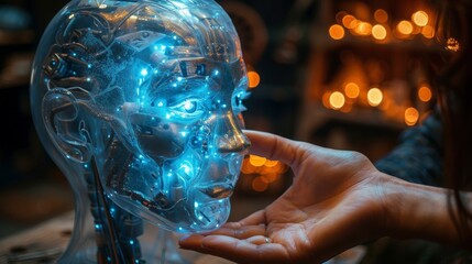 Poster - A robot with artificial intelligence is holding an electronic brain core in its hands. The head of the robot is open for the installation of a cybernetic artificial intelligence processor. An