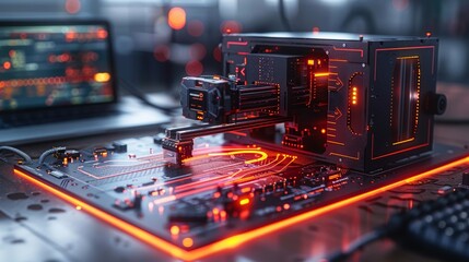 Aufkleber - In the workshop of an additive 3d maker, a 3d printer and a laptop can be seen on a table. The concept is of printing an isometric model using 3D printing on a laptop for prototyping of detail.