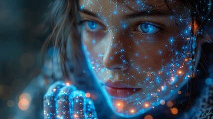 Fototapete - Illustration of machine learning conceptually. Developer training artificial intelligence. Digital technology art. Robot with AI in hand. Woman cyborg iterating on data.