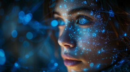 Poster - AI in image cybernetic anthropomorphic woman working with matrix data on virtual interface. The head or face of AI with a mind looking at information and teaching neural networks.