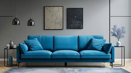 blue sofa grey wall 3d rendering living room interior design