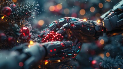 Poster - The banner is a modern technology style Christmas decoration in the form of a cyborg arm. Robotic hand decoration on a Christmas tree. AI or artificial intelligence greets the new year.
