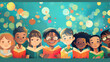 © Tony Baggett - Cartoon of diverse children embracing the joy of learning through books, promoting inclusivity and knowledge in school education, stock illustration image