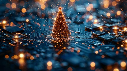 Wall Mural - Greetings and Happy New Year cards in the theme of new technology. 2023 Christmas tree on printed circuit board. Snowfall and snow flakes from electronic pulses and signals.