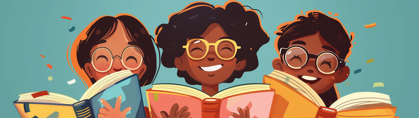 Wall Mural - Cartoon of diverse children embracing the joy of learning through books, promoting inclusivity and knowledge in school education, stock illustration image