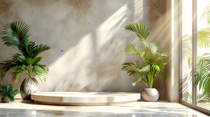 Wall Mural - Marble Beige Podium with Shadow from Palm Leaves on Light Background