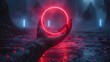 In the background is a futuristic round red neon frame over the hand of a human. Abstract circle lights encircle the palm of the scientist. Template banner for technological presentation with logo