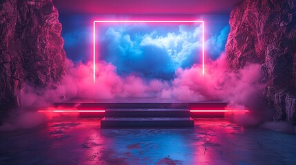 a mock-up of two neon vertical frames or borders on a blue background in a digital technology style 