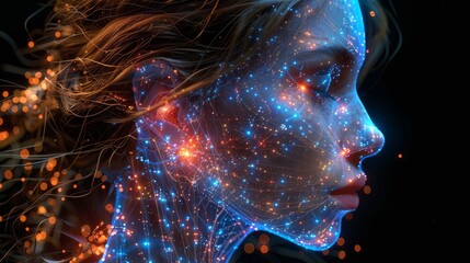 Fototapete - An illustration of machine learning conceptual art. Development of artificial intelligence. Digital technology art. Robot with artificial intelligence in hand. Neural network in image cyborg woman