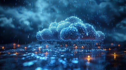 Fototapete - Digital data storage in shapes, symbolizing cloud with digital rain, and neon lines, connecting to a data center or cloud storage.