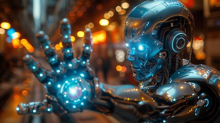 Poster - With the aid of AI, robot holds in hand a core of electronic brain. The robot's face is opened to install a cybernetic artificial intelligence processor. A mechanical electronic machine acquires the