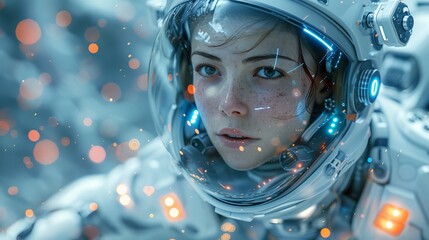 Wall Mural - A flying robot or cyborg woman wearing a superhero iron suit. Sci-fi robotic girl in armor takes off in the sky. The character is a superhero with a jetpack rocket engine.