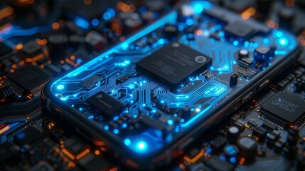 Leinwandbilder - The technology of mobile phone hardware. Electronic chip, CPU of smartphone. Repair, maintenance phone banner. Disassembled components, processor of cellphone inside case. Concept of technological