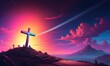A neon cross on a hill with a vibrant pink and purple sky,