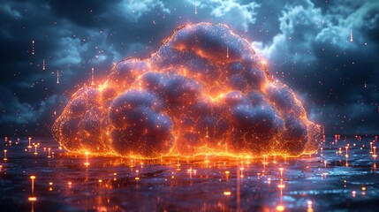 Fototapete - Cloud computing concept. Data storage in shapes, neon lines and square bits. Computer network connects to cloud storage or data centers, exchanging data.