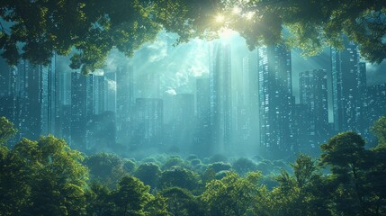 Aufkleber - Future smart city from the forest. Glass skyscrapers in the morning or evening sun. Futuristic cityscape with a clear sky.