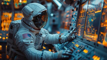 Wall Mural - In weightlessness, a woman astronaut in a spacesuit hovers inside a spaceship against the backdrop of a porthole. The astronaut works with the control panel of a space station in virtual reality. A