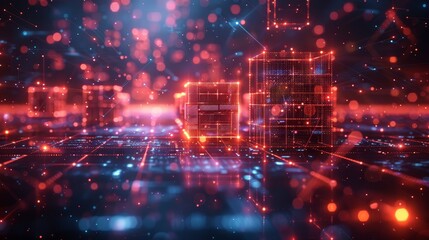 Poster - The background of the business tech dark background is adorned with neon lines, a circle chart, and a cube over a glass table. New Fintech Concept of Analysis Datum. Abstract background of digital