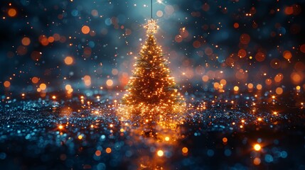 Poster - On a blue background, the 2024 digits are composed of glowing pixels. This is a new year card or digital tech calendar poster depicting the logo of the 2024 year hanging over a polished reflection.
