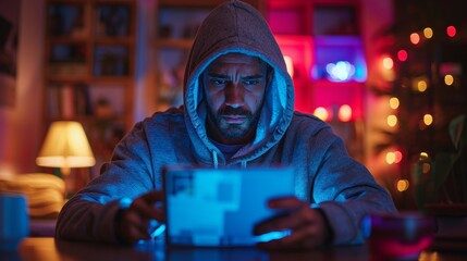 Fototapete - An individual using malware on his phone to hack computers and mobiles in a dark room. A hacker in black hoodie using a computer in a room with neon lights.
