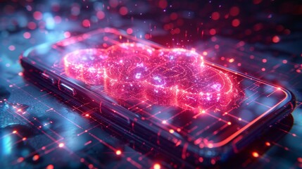Leinwandbilder - Cloud computing background concept with 3D cloud icon in overlaid on smart phone screen. An iPhone uploads data into an online storage account through the Internet, and the phone syncs it with the