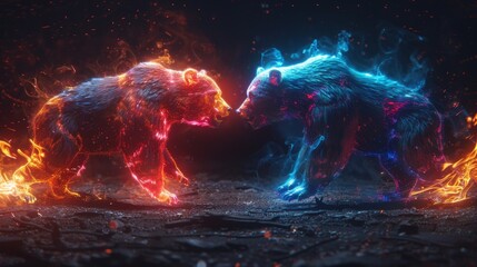 Leinwandbilder - Trading strategies among bears and bulls at the stock exchange. Bears vs bulls on swords made from Japanese candles.