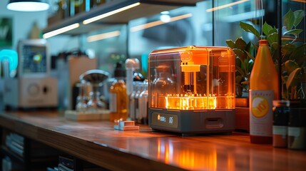 Aufkleber - An engineer's desktop with a 3D printer. A 3D printer with an orange glass cover prints a plastic 3D model. Near the printer are bottles of polymer resin.