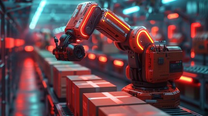 Poster - Industry robot with AI on industrial factory. Robot arm works in smart warehouse. Robot arm places boxes on pallets. Industry robot with AI works on industrial factory. Technology business concept.