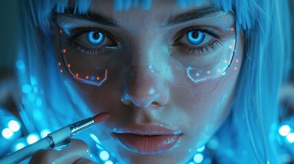 Leinwandbilder - It's a beautiful robot woman with AI in wig doing makeup. A scary mechanical robot disguised as human with the help of 3D printer. The face of the robot is hidden underneath a mask.