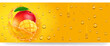 Mango fresh juice splash. Mango fruit beverage with condensation drops on yellow background. 3d realistic banner