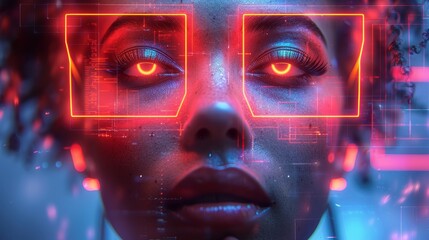 Fototapete - An abstract digital technology background featuring AI's face surrounded by geometric shapes in cyberspace. Artificial intelligence head.