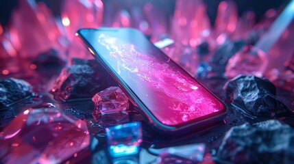 Sticker - An angle-hovering smartphone hovered over geometric 3D shapes in neon glow. The camera rotated up on a futuristic background. The smart cell phone hovered in the air in 3D space.