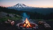Around a campfire with a majestic mountain view, a concept for environmentally friendly outdoor recreation and hiking.
