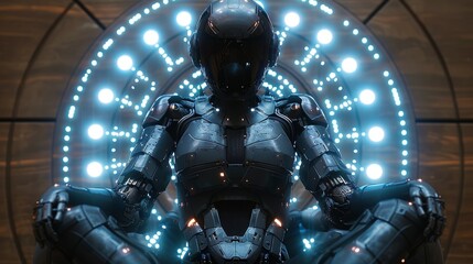 Poster - AI or artificial intelligence in image female cyborg queen. Robot woman majestic sitting on throne in neon glow. Illustration of artificial intelligence.