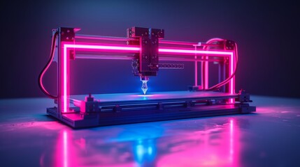 Aufkleber - The concept banner for additive technology containing 3D printing data. It shows the 3d printer icon as a neon frame in modern technology style. The concept banner reflects the concept of additive