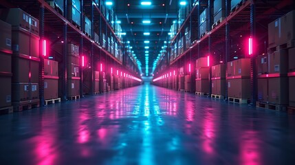 Poster - Work of robotic arm in smart warehouse, placing boxes on pallets. Automation logistics with AI in smart stock storage of products. Business concept for industry robots with AI.