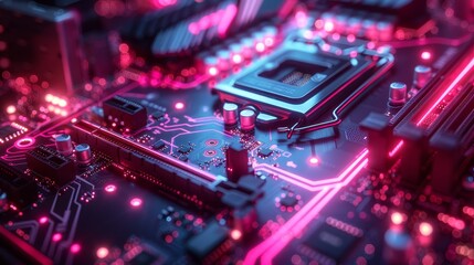 Leinwandbilder - Computer upgrade or repair. Modern power PC with neon lights of CPU, coolers, RAM boards. Configuration or repair of hardware in desktop gaming computers. Computer repair services.