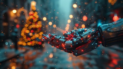 Poster - Merry Christmas and Happy New Year Background in cyborg style. Artificial intelligence greets the new year. Christmas decoration in robot hand.