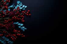 Dried Red Roses And Blue Eucalyptus Leaves On A Black Background, Still Life, Dark Floral, Interior Design, Art Nouveau.